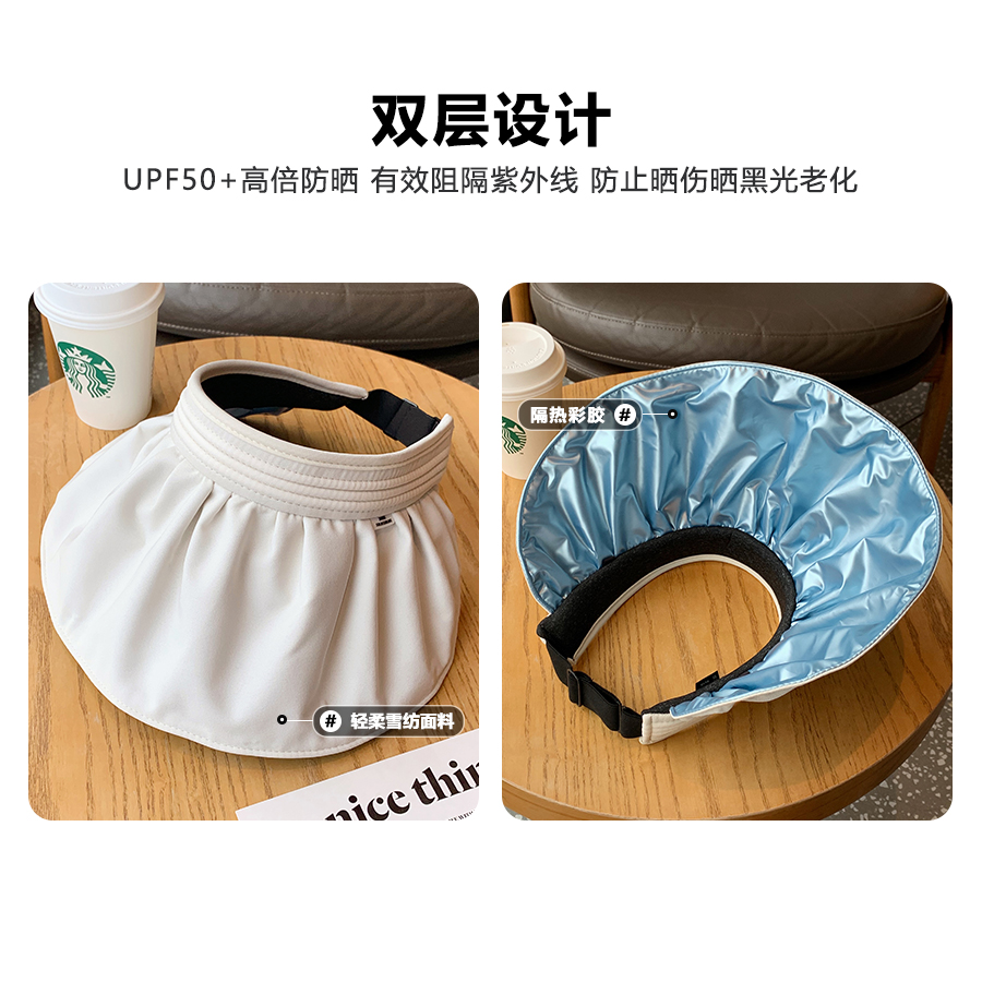 贝壳帽女生UPF50+夏季防晒帽子14cm大帽檐遮阳空顶帽骑车太阳帽潮