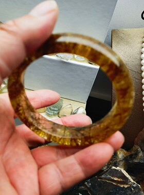 天然金发晶原石手工雕刻手镯条宽16.9圈口59.5重82.9克
