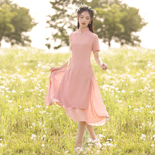 荷恋情 粉色改良中国风复古女夏旗袍