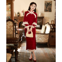 Red qipao toast 2023 the wine 2023 new brides winter long sleeves thickened warm Chinese New Years Bayern Machia suit