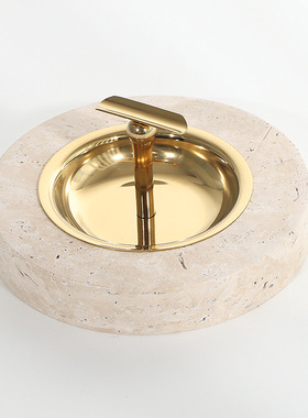 创意烟灰缸天然洞石圆形雪茄缸样板房家居KTV会所俱乐部桌面摆件