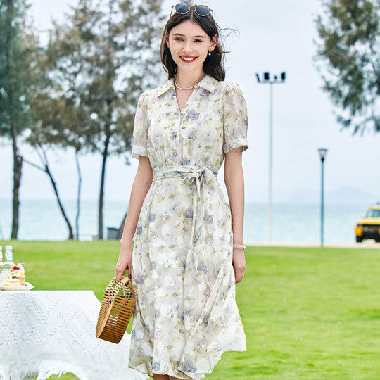 New summer floral high-waisted lace-up dress