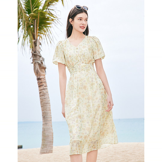 Betu women's clothing 2025 summer new high-waist printed dress women's V-neck floral skirt mid-length skirt