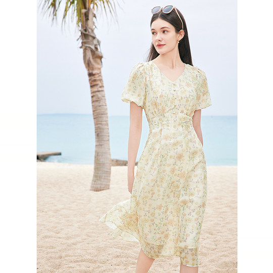 Betu women's clothing 2025 summer new high-waist printed dress women's V-neck floral skirt mid-length skirt