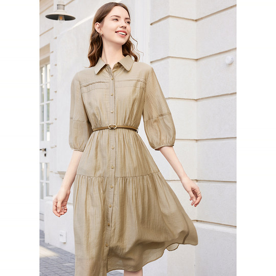 betu百图女装2024年秋装新款高腰显瘦中长款通勤职业衬衫连衣裙