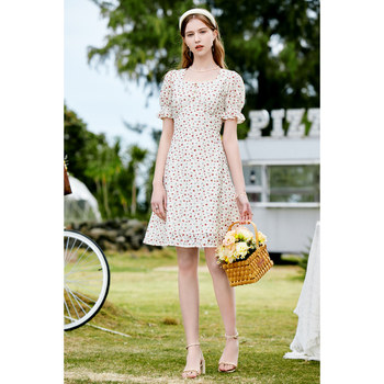 betu Baitu Dress Women's Puff Sleeve Square Neck Printed Commuting High Waist Slimming 2024 Summer New Style