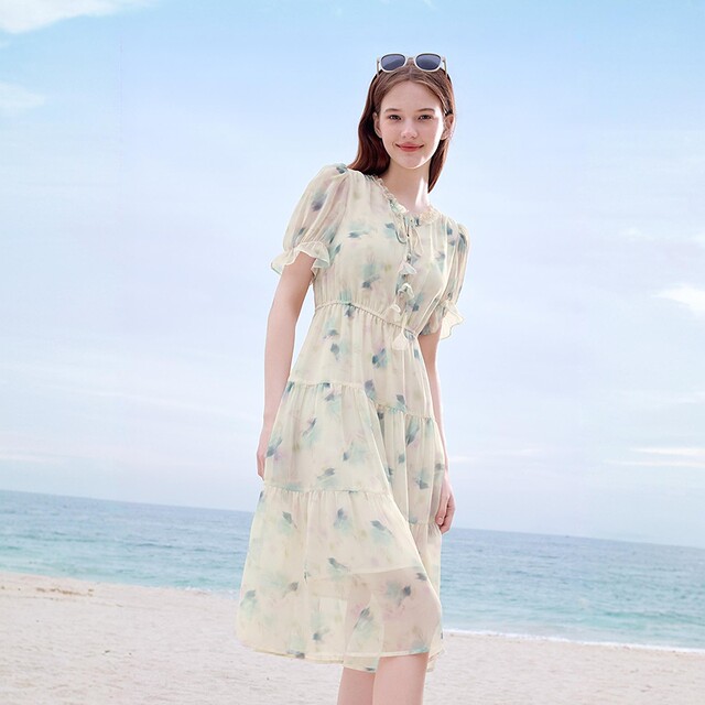 Betu Baitu ສິ້ນ chiffon floral ສົດຂອງແມ່ຍິງ 2026 summer ເສື້ອຍືດແຂນສັ້ນພິມອອກໃຫມ່