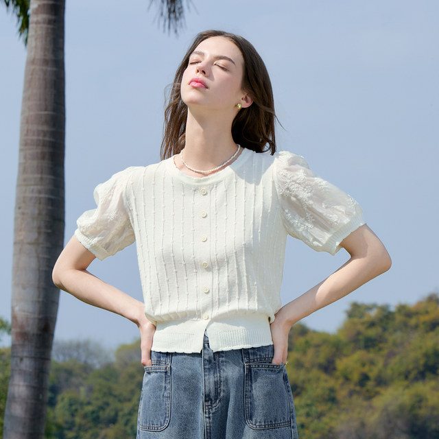 Betu white French thin sweater women's short-sleeved 2025 summer new chic puff sleeve sweater