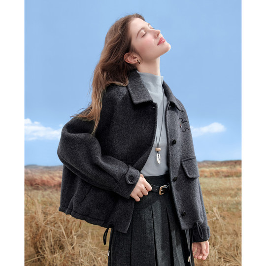 Betu dark gray sheep wool double-sided woolen coat women's short 2025 autumn new woolen coat