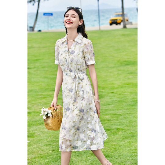 New summer floral high-waisted lace-up dress