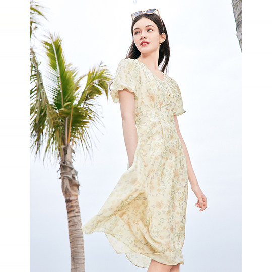 Betu women's clothing 2025 summer new high-waist printed dress women's V-neck floral skirt mid-length skirt