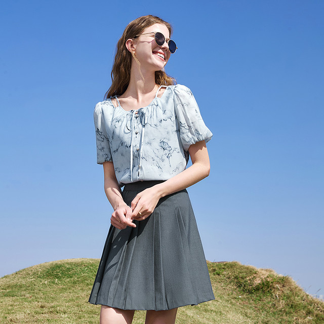 Betu Baitu lace-up ink print shirt women's puff sleeves 2025 summer new loose short-sleeved shirt