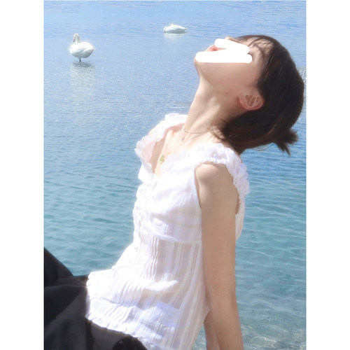 Drawdream 韩版白色无袖背心女夏季高级感木耳边修身显瘦开衫上衣 - 图0
