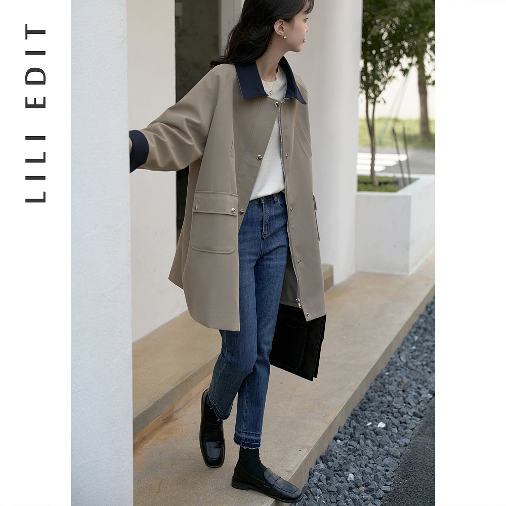 LILIEDIT/复古拉链撞色翻领风衣女春季优雅简约气质时髦通勤外套 - 图0