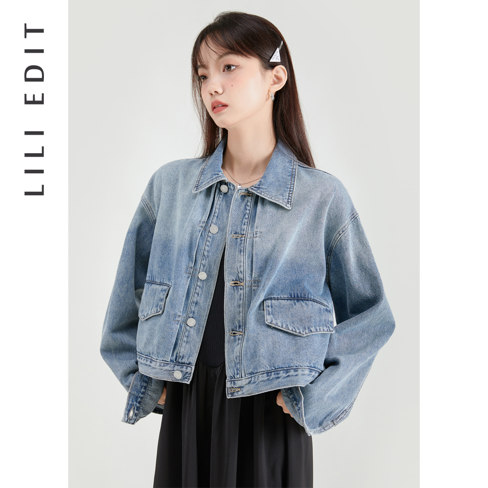 LILIEDIT/浅色翻领牛仔短外套女春季新款时尚气质独特长袖上衣 - 图1