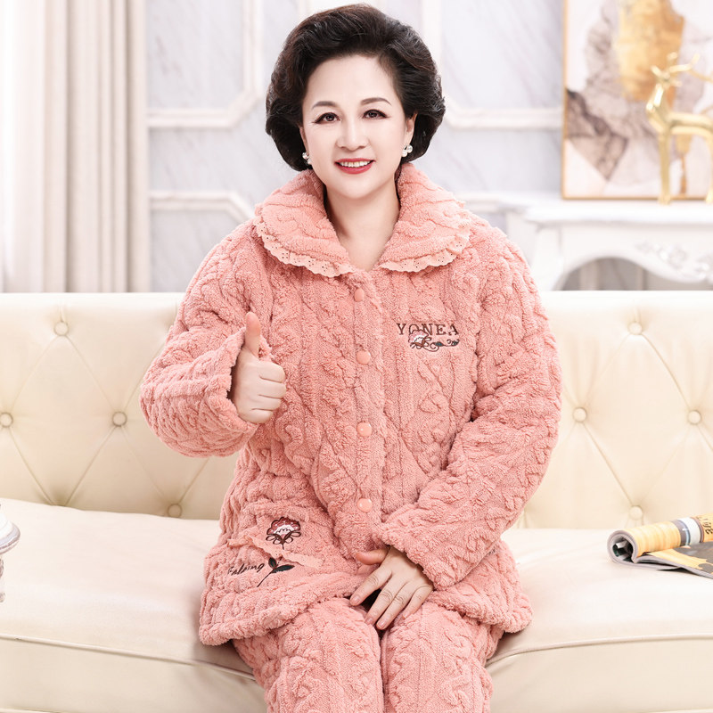 秋冬季睡衣女珊瑚绒三层加厚夹棉中老年妈妈款保暖加绒家居服冬天