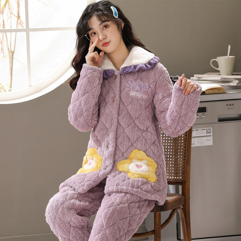 秋冬季珊瑚绒三层夹棉袄加绒睡衣 亿美希服饰睡衣/家居服套装