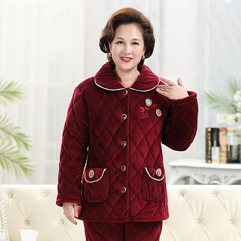 老人秋冬季三层夹棉加绒珊瑚绒睡衣 亿美希服饰睡衣/家居服套装