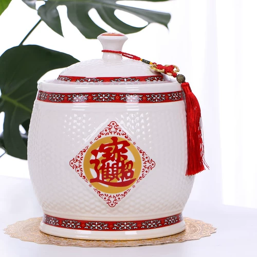 Церамический рисовый резервуар Jingdezhen с крышкой с крышкой масла и бака с водой Домохозяйственные рисовые ящики для герметизации насекомого прилив 10 кг.
