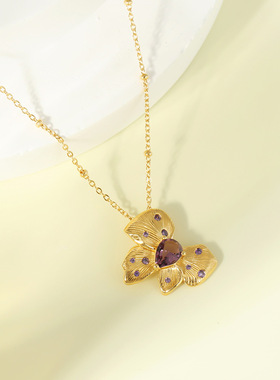 抖音网红同款幻紫蝴蝶小众设计项链S925纯银轻奢锁骨链高级感饰品