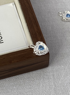 通体925纯银锤纹爱心吊坠水晶蓝 INS风夏日小清新银坠 肌理感银饰