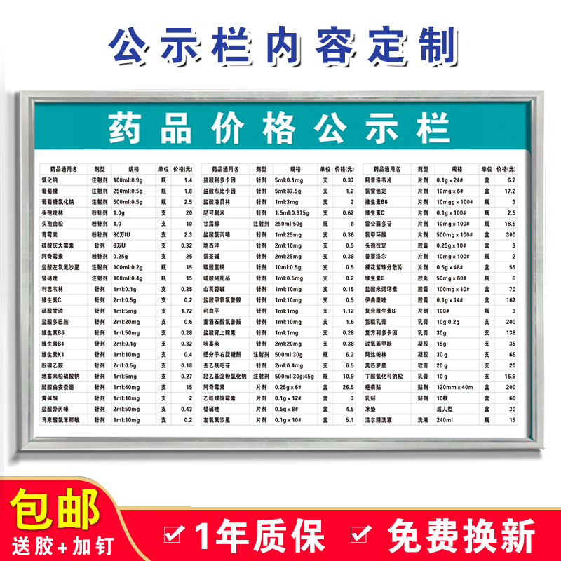 药品价格公示栏医院诊所药品信息价格公示牌亚克力板挂墙内容定制 - 图0