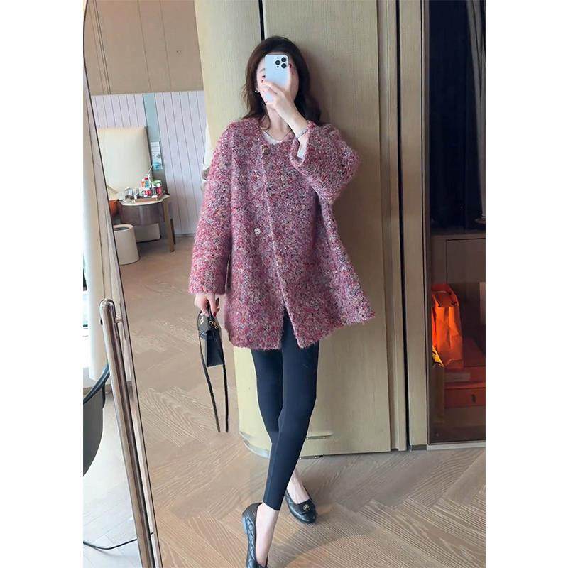 爵莱菲大码富家千金感小香风宽松气质中长款树莓色毛呢厚外套女,淘宝优惠券,粉丝福利购,淘宝优惠卷