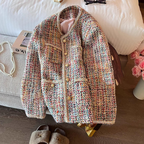 爵莱菲大码法式重工彩色粗花呢编织小香风外套2025羽绒服轻薄内胆 - 图0