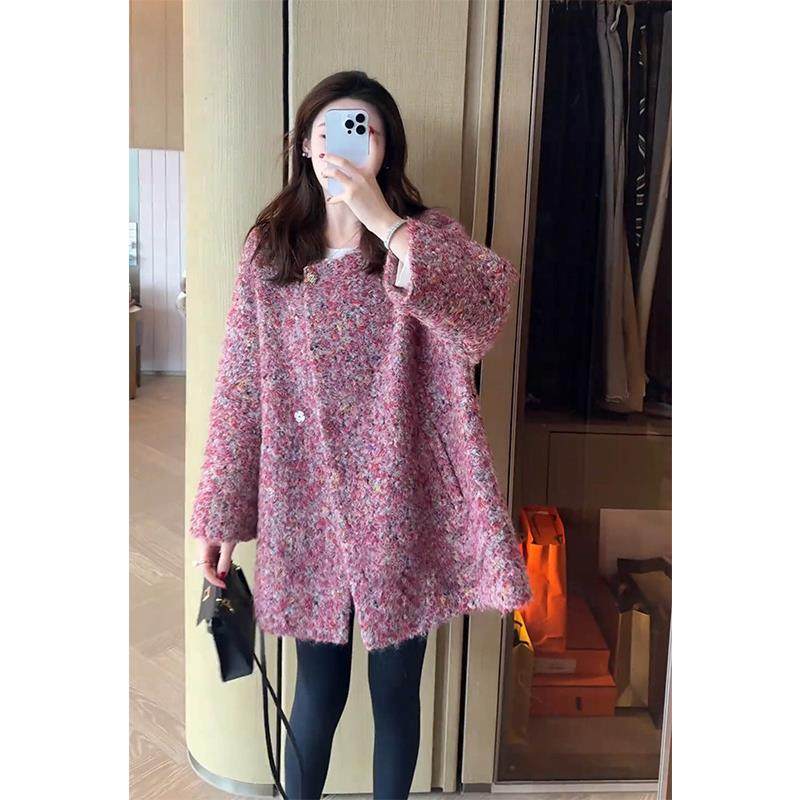 爵莱菲大码富家千金感小香风宽松气质中长款树莓色毛呢厚外套女,淘宝优惠券,粉丝福利购,淘宝优惠卷