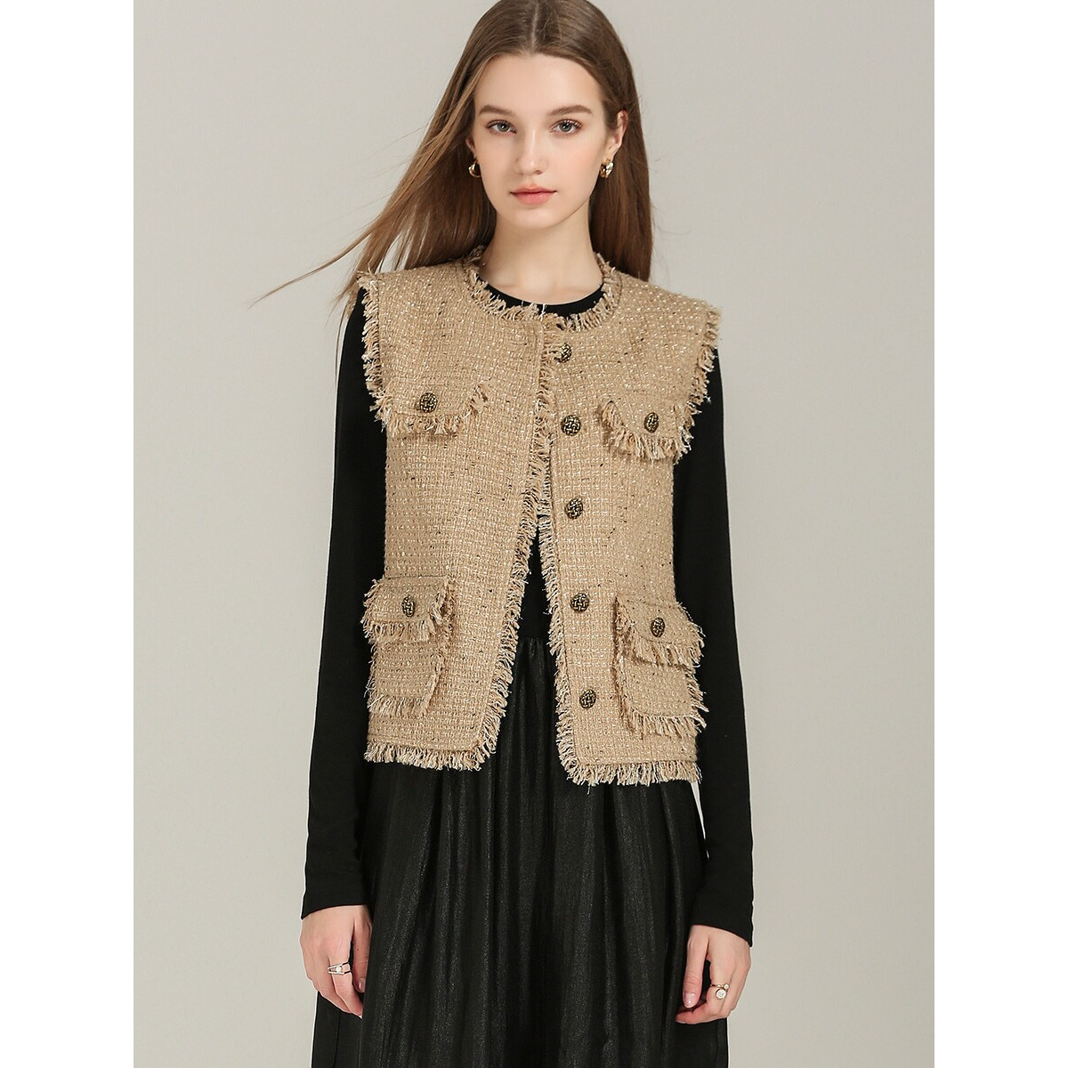 爵莱菲大码轻奢质感圆领小香风马甲女质感毛须边小众粗花呢背心,淘宝优惠券,粉丝福利购,淘宝优惠卷