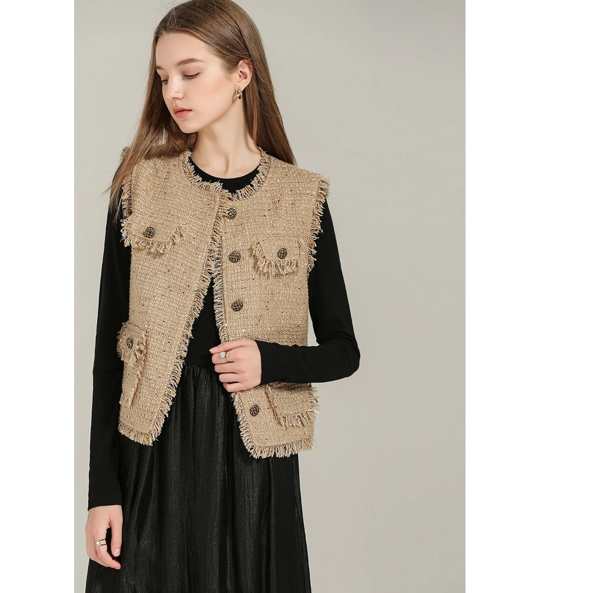 爵莱菲大码轻奢质感圆领小香风马甲女质感毛须边小众粗花呢背心,淘宝优惠券,粉丝福利购,淘宝优惠卷