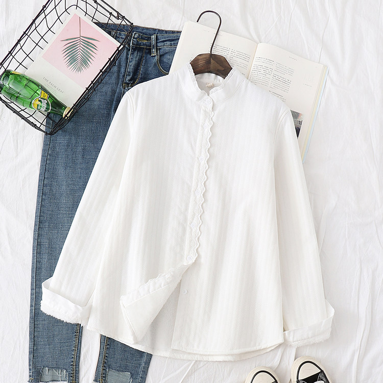 2025秋冬新款学生百搭立领蕾丝加绒加厚白衬衫女长袖保暖打底衬衣,淘宝优惠券,粉丝福利购,淘宝优惠卷