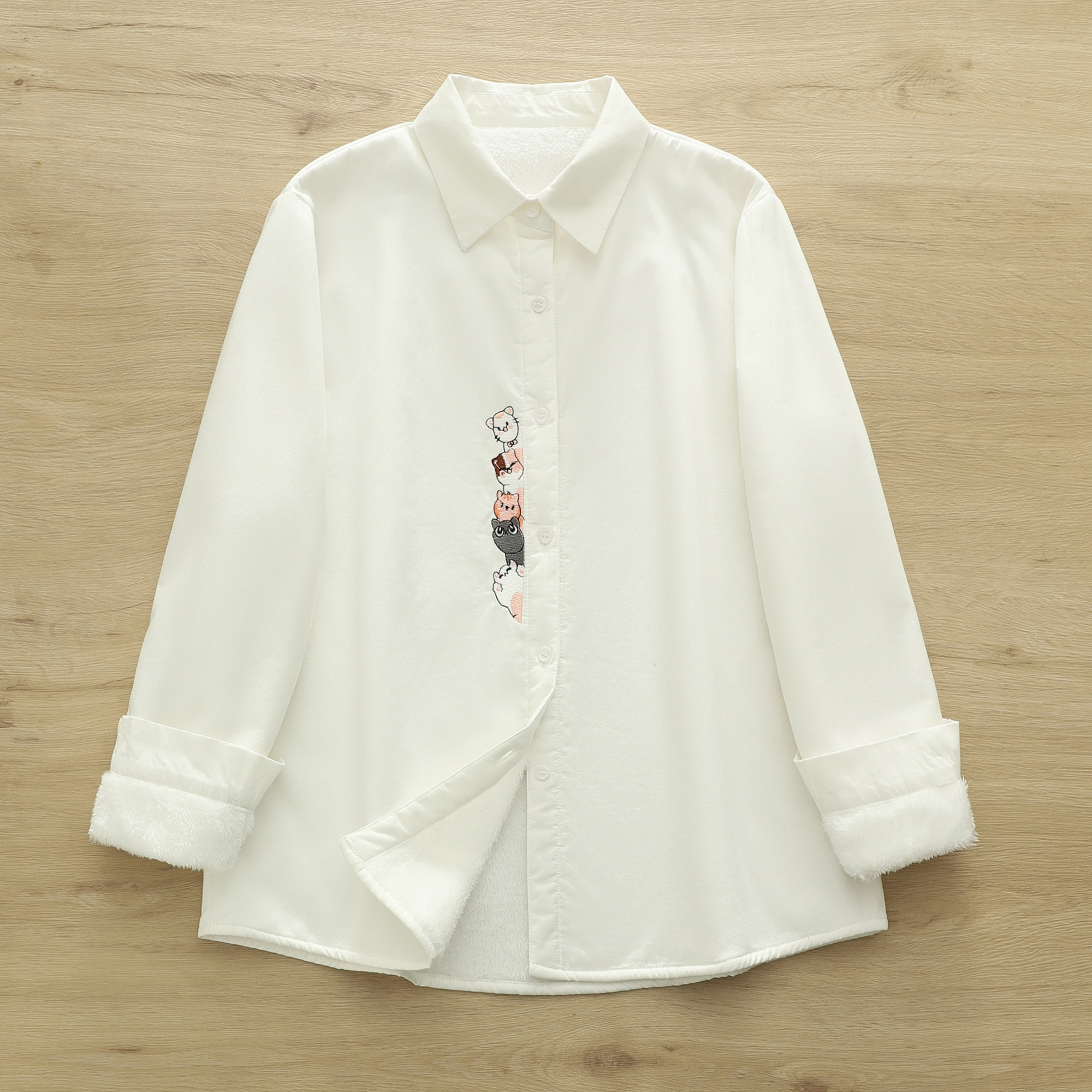 小清新甜美刺绣小猫加绒加厚衬衫女长袖学生文艺白色保暖内搭衬衣