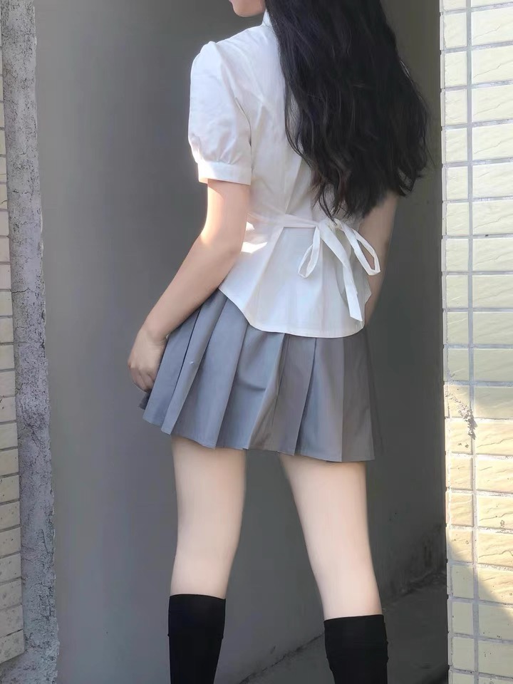 JK制服衬衫上衣女短袖原创夏季学院风收腰泡泡袖白色衬衣辣妹套装