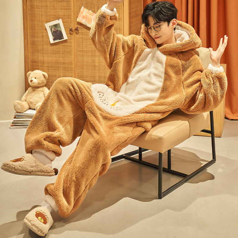 斐序旗舰店连体珊瑚绒睡衣男士秋冬季款加厚加绒保暖加大码拉链法兰绒家居服0