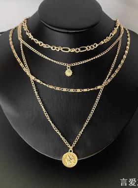金属人像钱币吊坠项链女多层叠戴