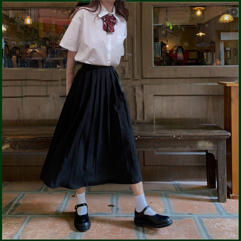 春秋学生衬衫中长款百褶半身裙长裙子jk制服班服套装大码学院风女-图3