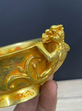 仿古镀金双龙笔洗摆件复古做旧文房用品水盂小碗客厅装饰摆件