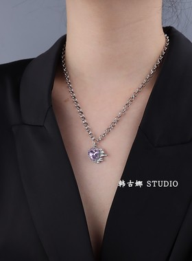 紫色爱心形项链女轻奢小众ins冷淡风2024年新潮秋冬毛衣链设计感