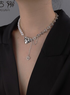ins简约双层珍珠项链女潮爱心形choker小众复古锁骨链子脖子饰品