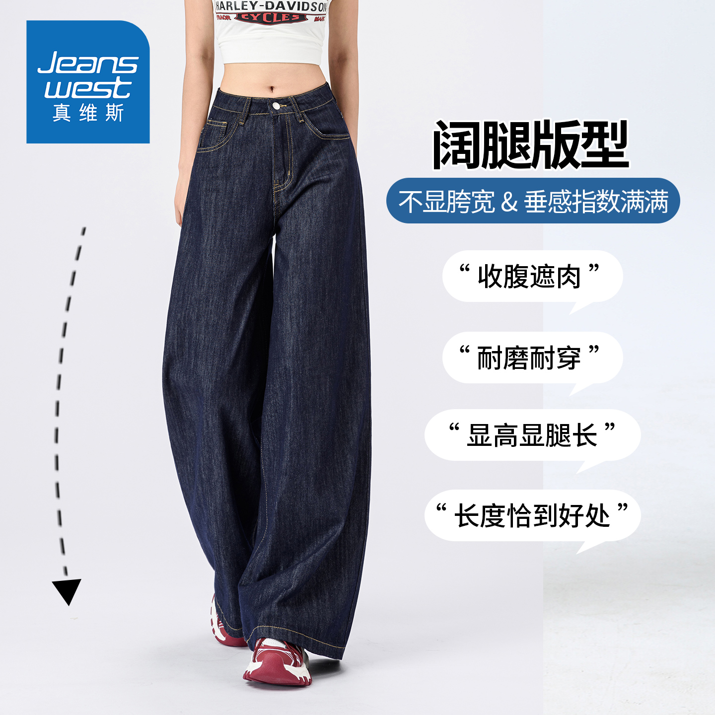 KZH真维斯丹宁蓝牛仔裤女秋冬新款宽松阔腿裤高腰显瘦休闲拖地裤 - 图0