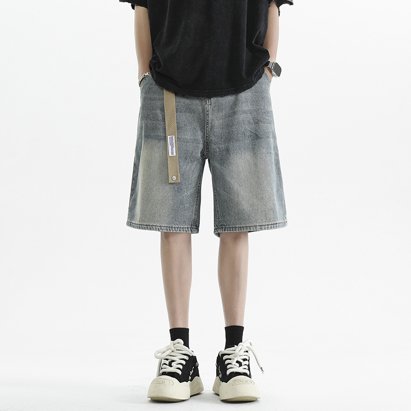 KF真维斯男装牛仔中裤2025夏季新款青年美式复古宽松显瘦短裤子男
