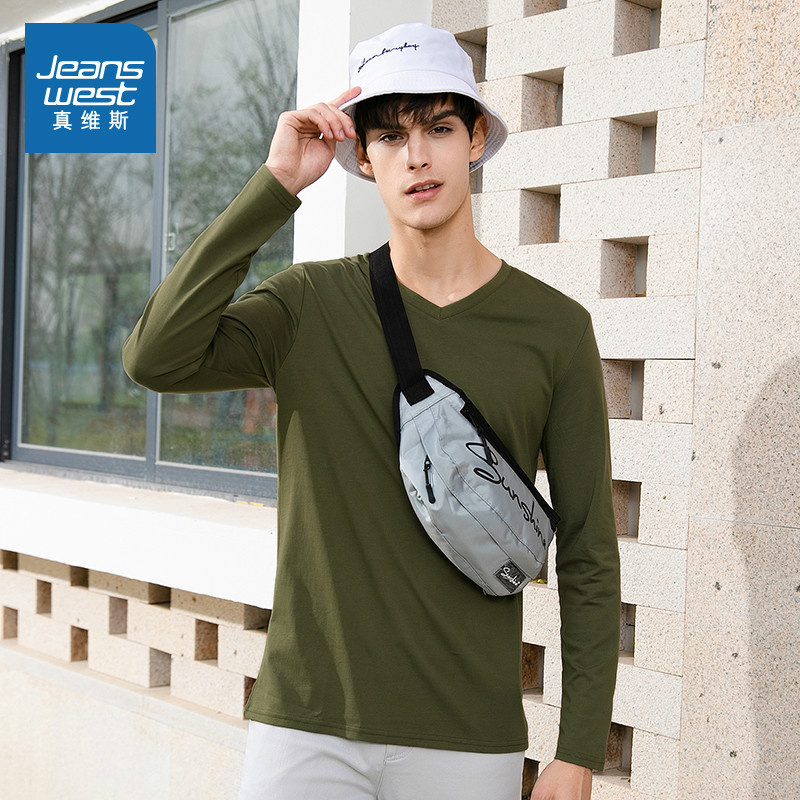 真维斯官方旗舰店真维斯长袖T恤男秋装新款男士纯棉V领休闲帅气上衣打底衫潮1