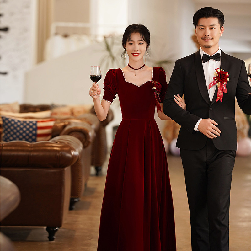 酒红色夏季丝绒敬酒服新娘气质显瘦结婚答谢宴长款晚礼服平时可穿_虎窝淘