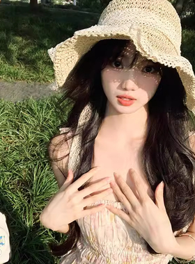 法式蕾丝绑带蝴蝶结草帽大帽檐