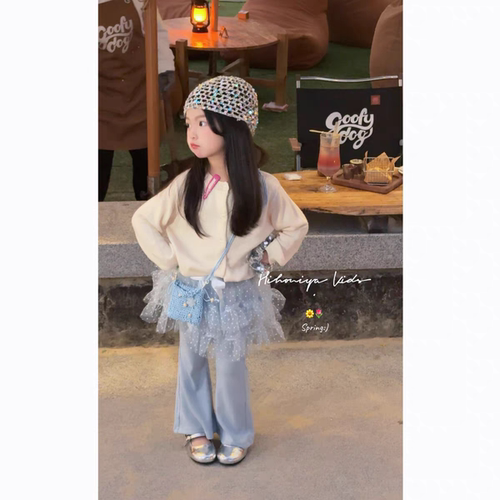 女童2026春季新款芭蕾风网纱屁帘打底裤女宝宝春秋波点修身喇叭裤 - 图1