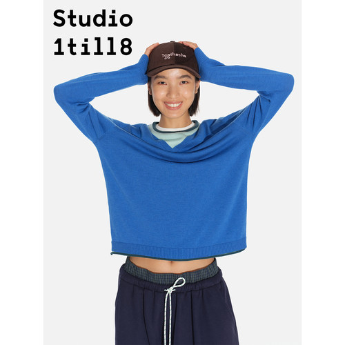 Studio1till8 藏青/蓝色/黄色 假两件拼接设计毛衣羊毛混纺针织衫 - 图2
