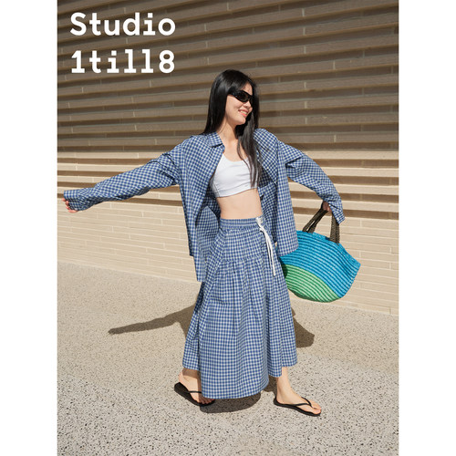 Studio1till8 春夏休闲宽松A字松紧腰抽绳中长款半身裙 格纹/白色 - 图1