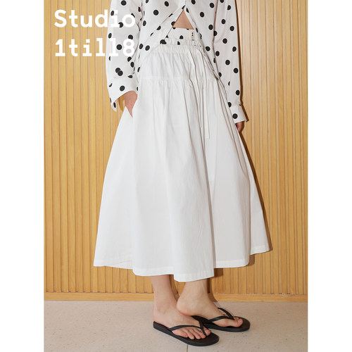 Studio1till8 春夏休闲宽松A字松紧腰抽绳中长款半身裙 格纹/白色 - 图3