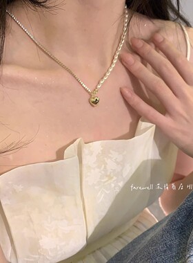 不对称小方块珍珠爱心吊坠项链